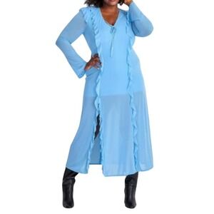 T11 Future Collective Blue Ruffle Maxi Dress Long Sleeve Tie Neck Sheer Flowy